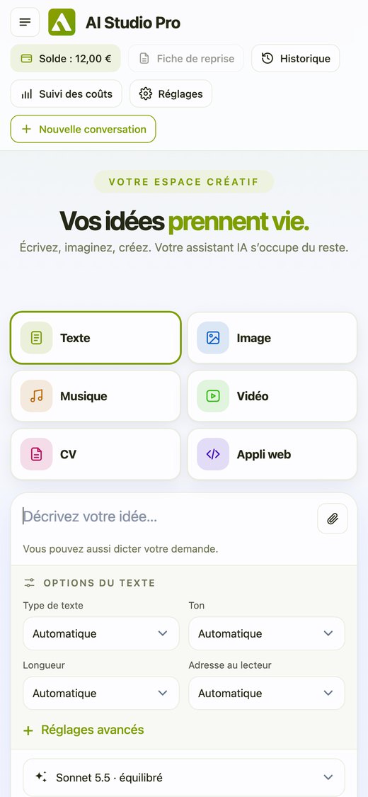 AI Studio Pro : choisir entre texte, image, musique, vidéo, CV et appli web